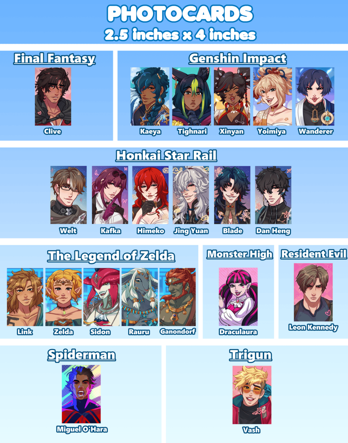 Photocards (FF, Genshin, HSR, Monster High, LoZ, Trigun, Resident